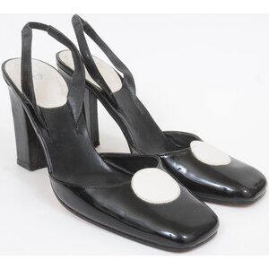Joey-O Black White Dot Leather Slingback Pump Heels Women's 7.5 Retro Rockabilly